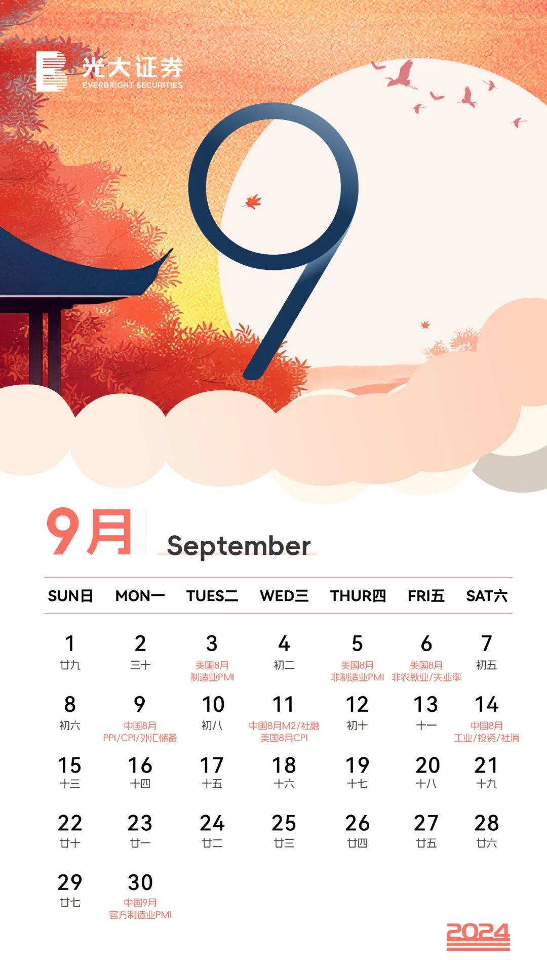 财经月历 光大证券9月重点经济数据备忘录