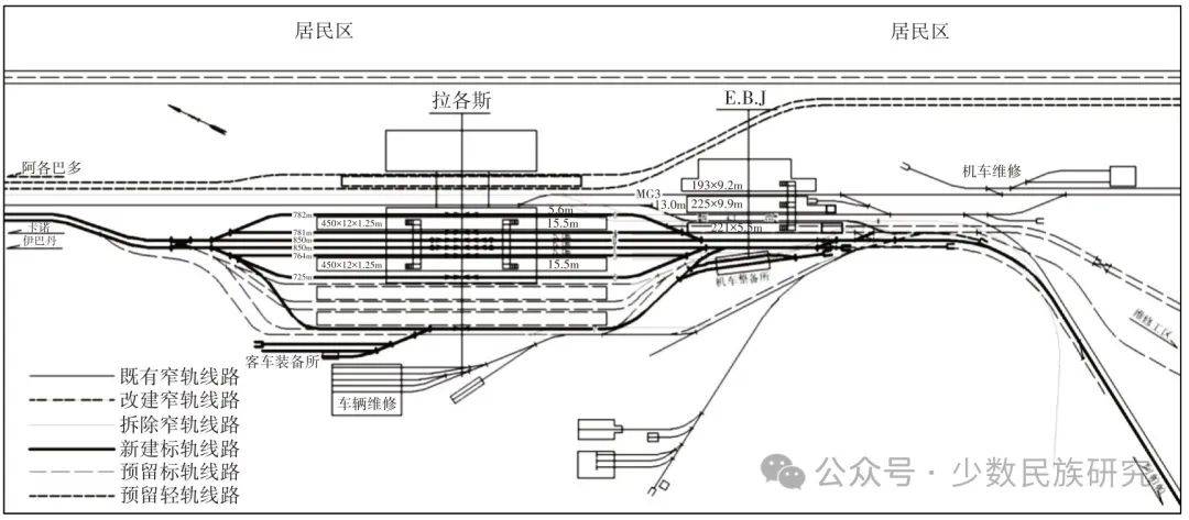 以尼日利亚拉伊铁路拉各斯地区既有窄轨车站改建方案为例，介绍了该地区既有铁路情况和枢纽总图规划，对城区内窄轨站改建为集既有窄轨车场_线路_轨距_阿帕帕