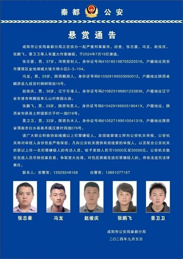 陕西咸阳5名严重刑事案件嫌犯潜逃 警方发布悬赏通告