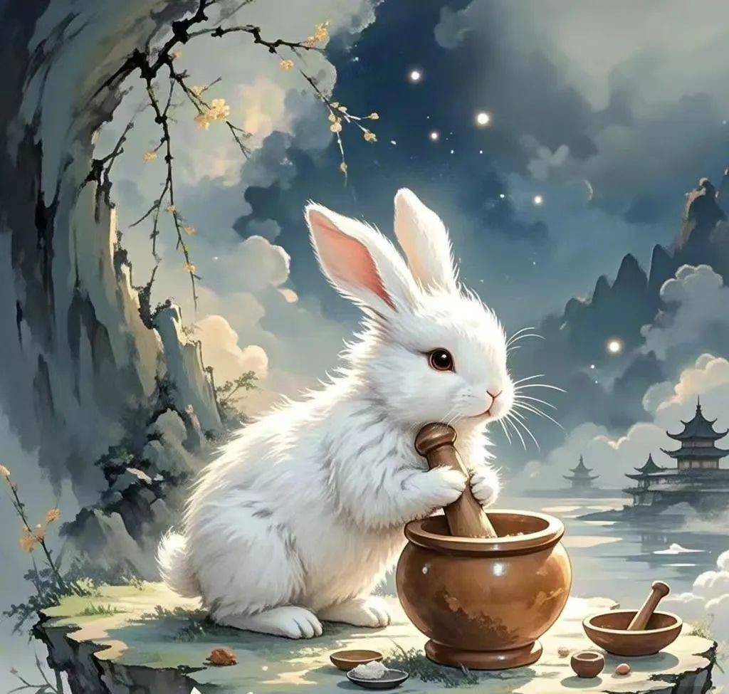 玉兔捣药:传说月宫中有一只白兔,常在月宫中捣制长生不老药