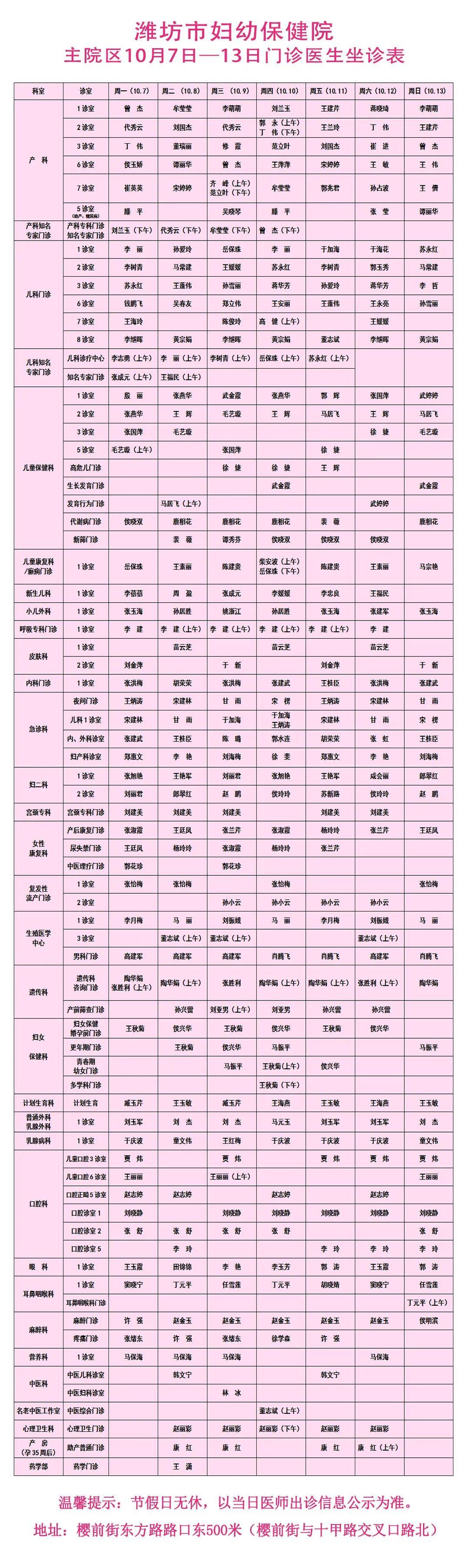 存转潍坊市妇幼保健院10月7日一13日门诊医生坐诊表