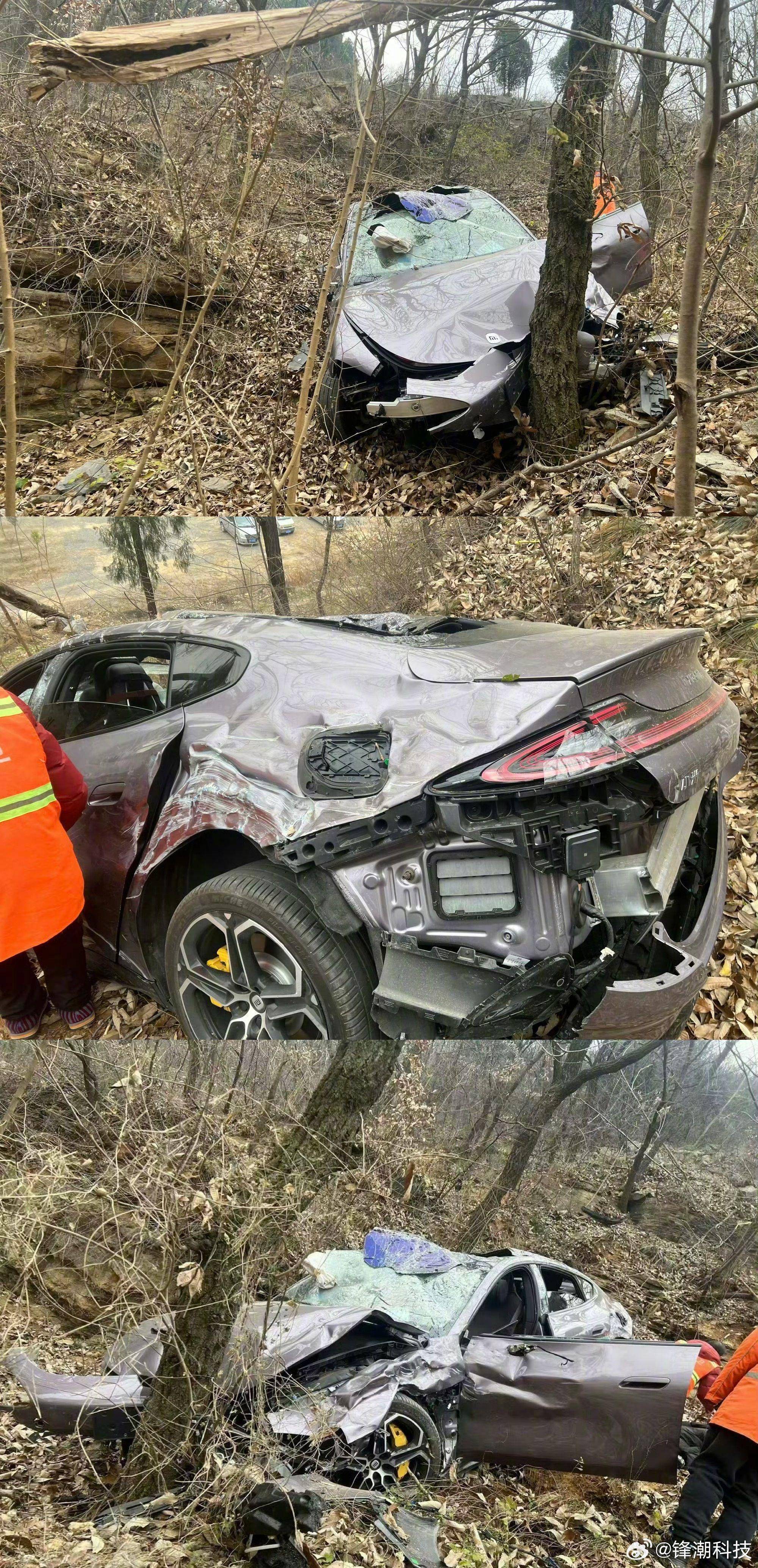 開的小米SU7，沖下山崖，車輛翻轉，一家四口都問題不大，輕微擦傷…