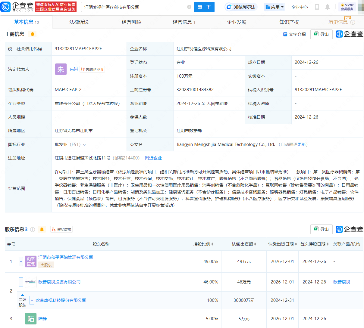 欧普康视等投资成立医疗科技公司，含养生保健服务业务