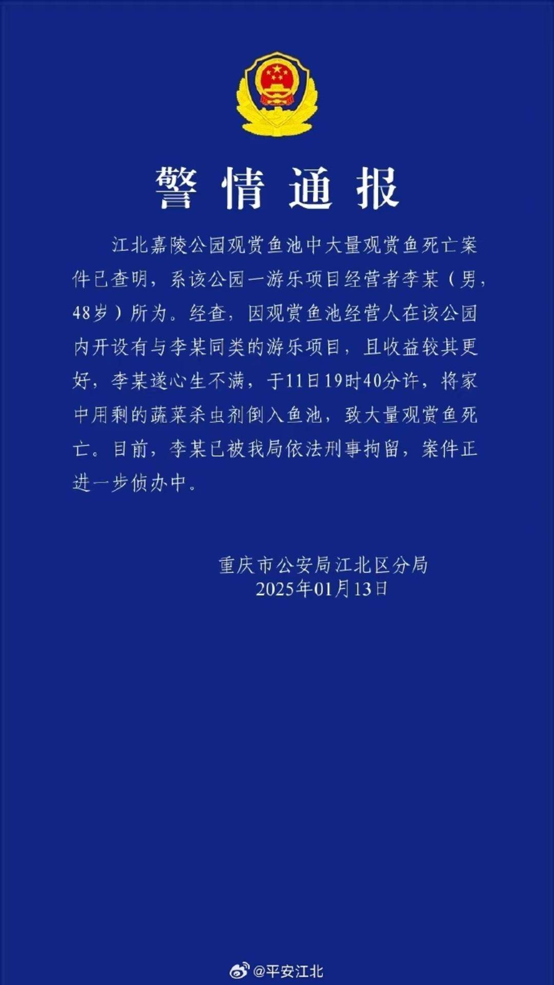 重庆警方再通报公园大量锦鲤死亡：系人为投毒