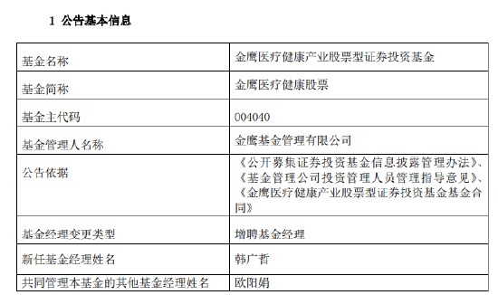 近三年亏超50%！韩广哲：卸任金鹰时代先锋混合等三只产品基金经理，时隔一年再掌舵金鹰医疗健康股票