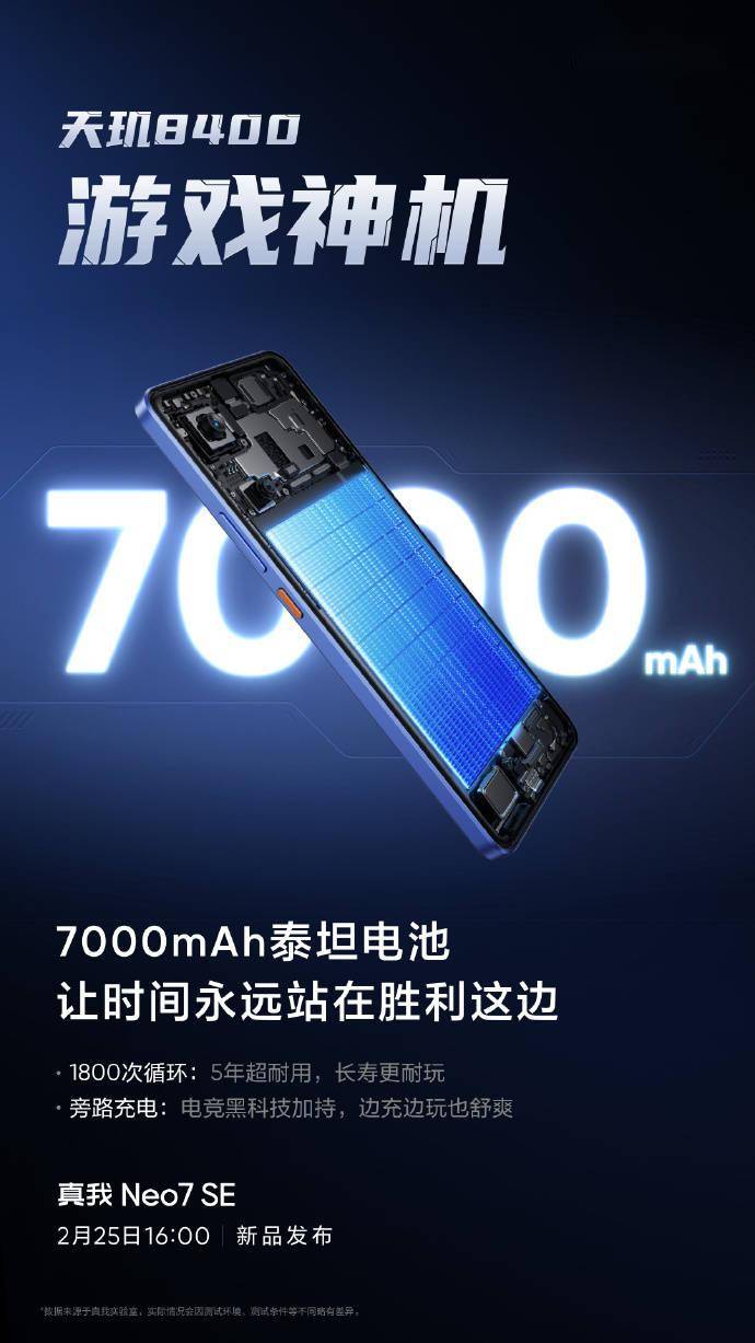 realme 真我 Neo7 SE 手机配备 7000mAh 泰坦电池、满级防水