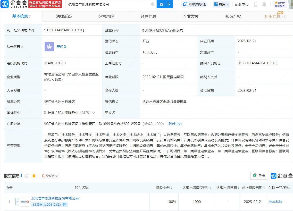 ST浩丰成立科技公司，含集成电路设计业务