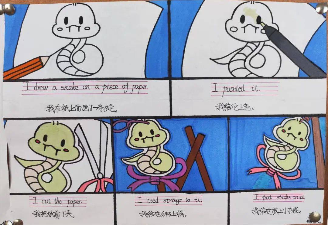 在记录制作过程的连环画环节,学生充分运用五年级所学句型,将制作步骤