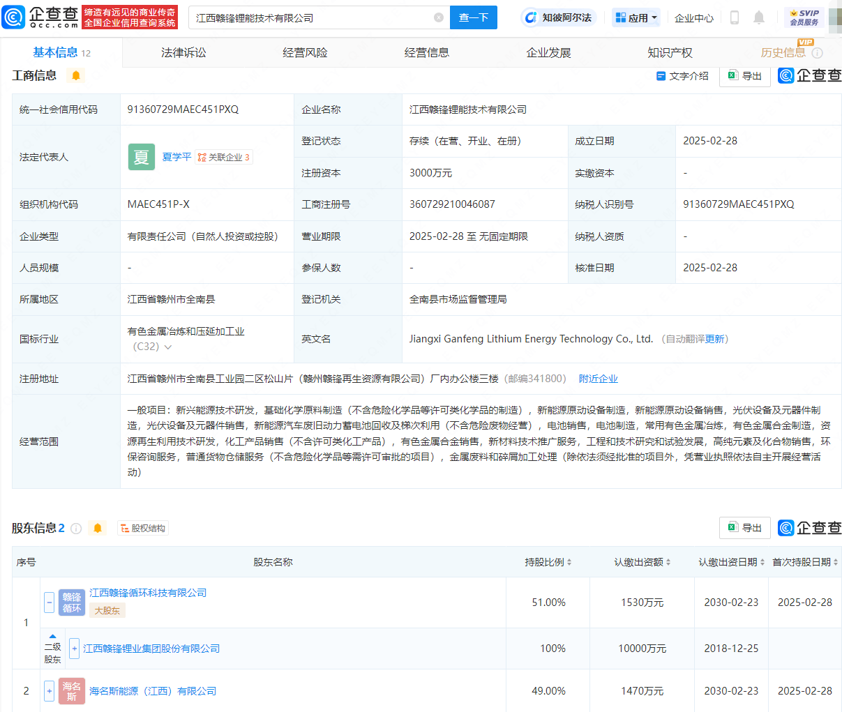 赣锋锂业等成立锂能技术公司，含电池制造业务