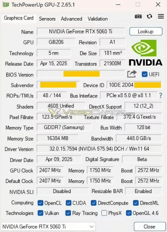 英伟达RTX 5060 Ti显卡完整规格曝光：16GB显存，180W TDP
