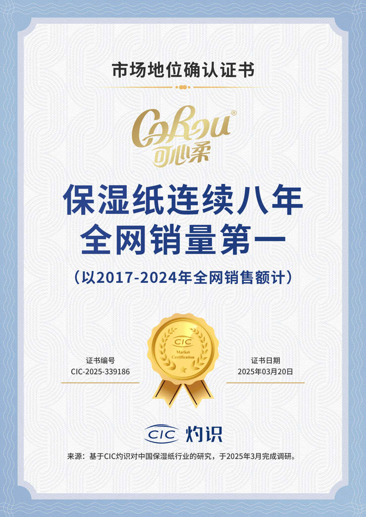 可心柔荣获CIC灼识“保湿纸连续八年全网销量第一”的市场地位确认