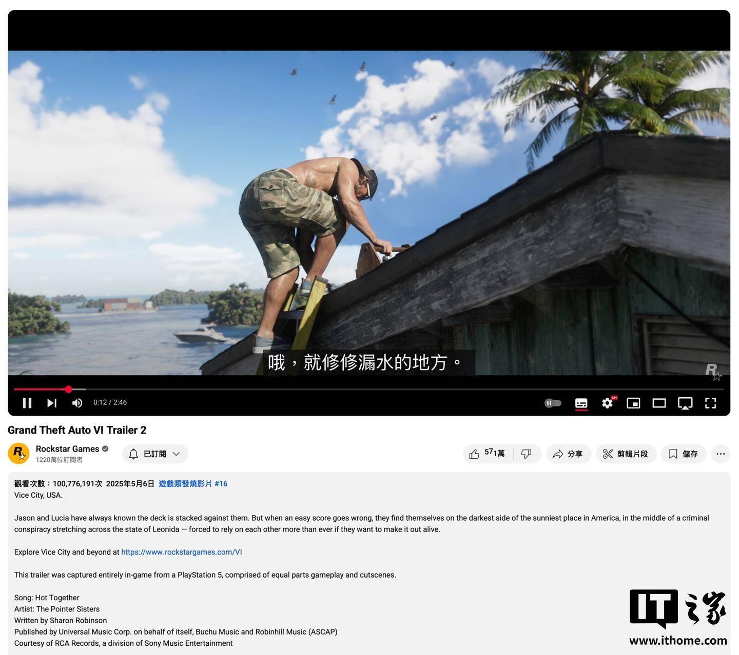 R星《GTA6》第二支宣传片播放量在 YouTube 平台突破 1 亿次