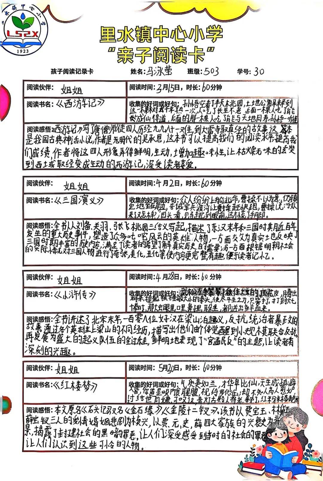 六年级的读书卡充满思辨性,亲子共同写下深刻的读后感,结合生活实际