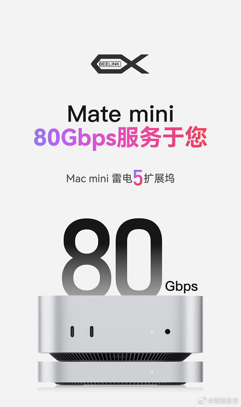 零刻推出苹果Mac mini雷电5拓展坞Mate mini，扩容硬盘 5809MB/s