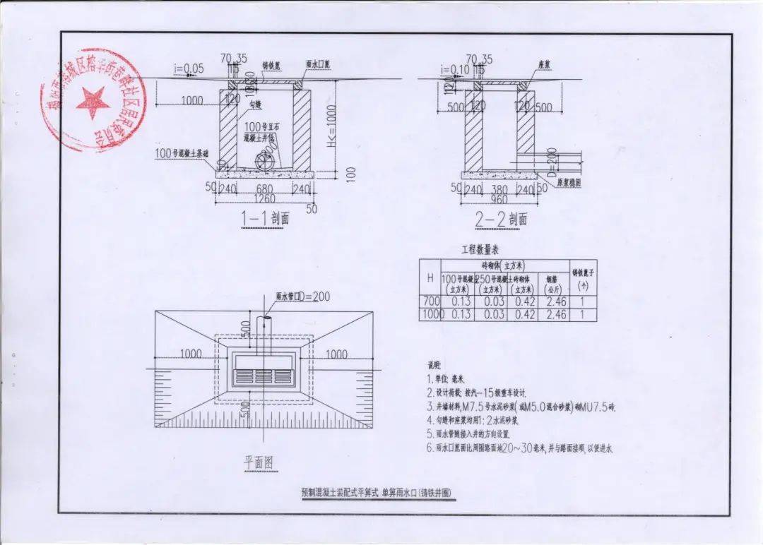 预制混凝土装配式平箅式单箅雨水口(铸铁井圈)巷畔停车场雨水平面图巷