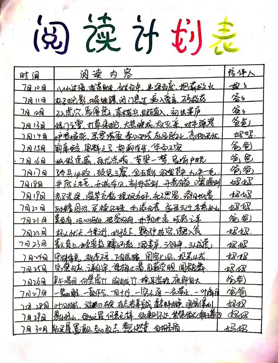 ，活灵活现；还有同学和家长亲子朗诵成语故事，录成了音频。阅读计划表