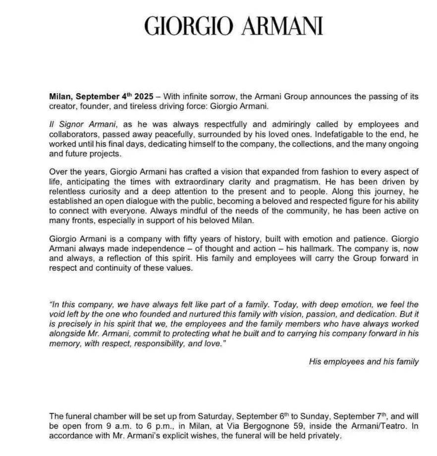 奢侈品牌阿玛尼创始人离世！享年91岁，身家800亿元 -华闻时空