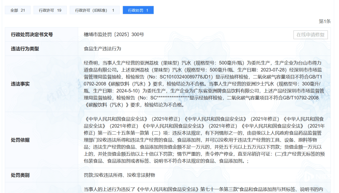 亚洲沙示汽水等多款产品不合格 涉事企业:被抽检时为临期产(图1)