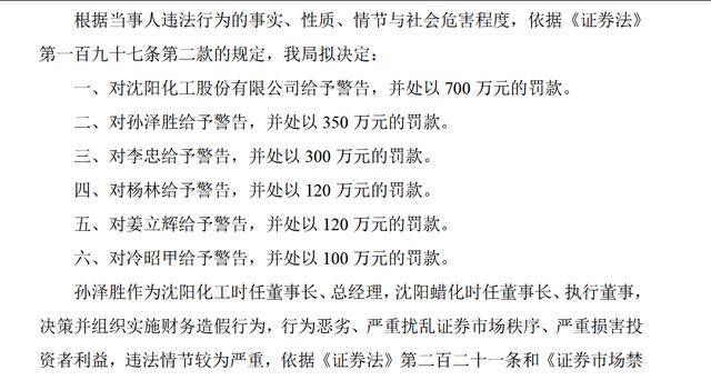 连续四年财务造假，虚增利润近6亿元，沈阳化工被罚款700万元，公司股票被ST