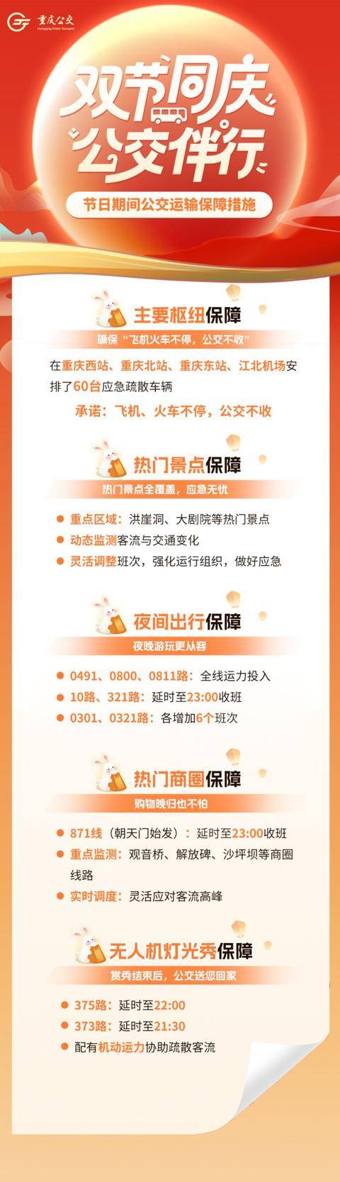 国庆中秋假期重庆公交夜间线路上线 最晚23点收班