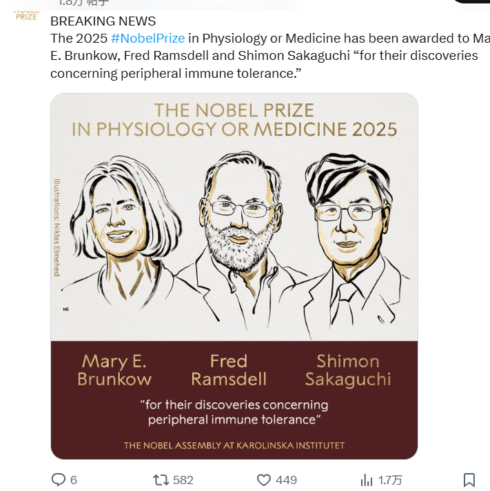 2025诺贝尔医学奖揭晓：表彰“关于外周免疫耐受的发现”，三位科学家共享殊荣