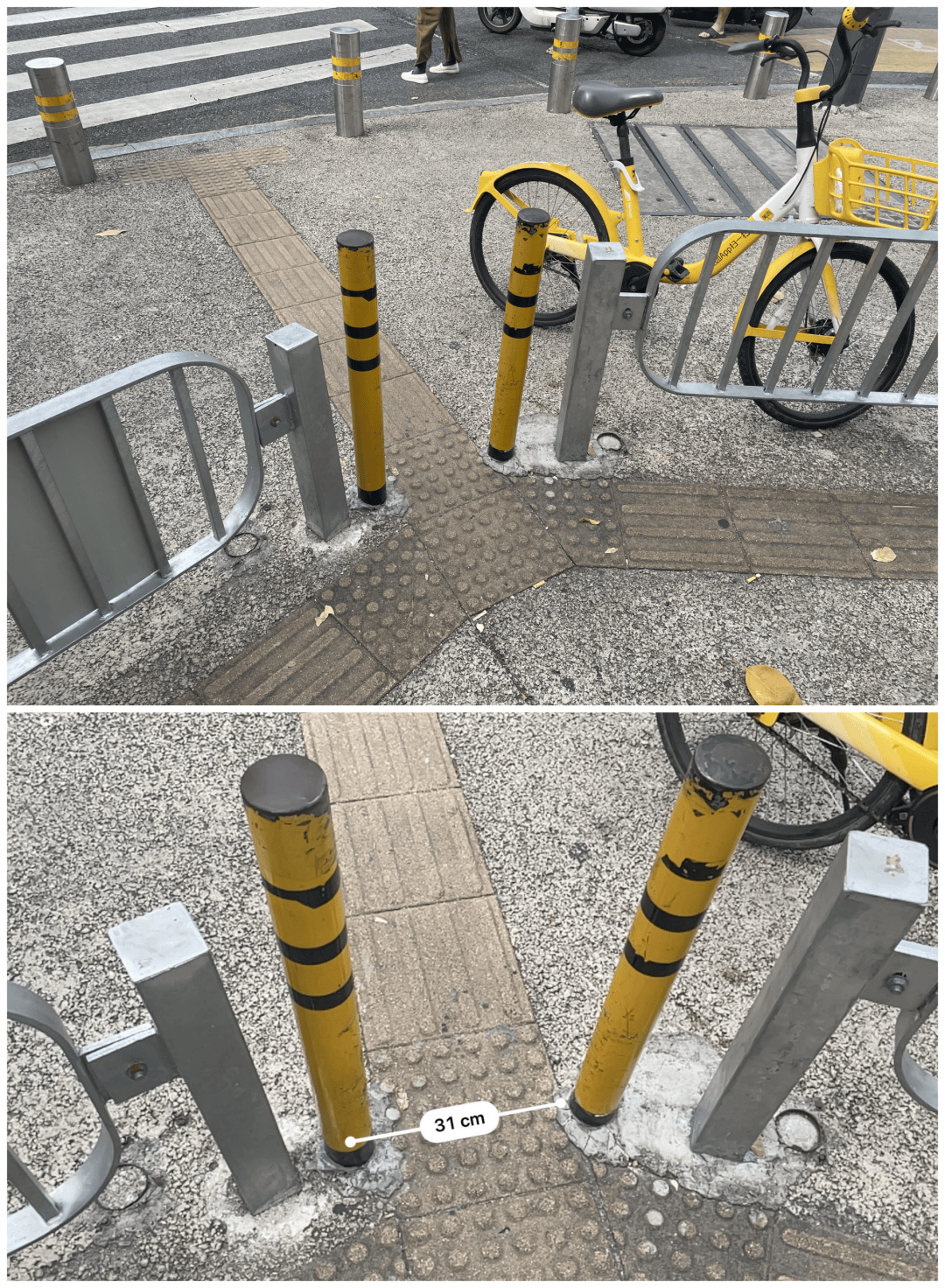 三是护栏在路口的进出口过于狭小,不少护栏开口宽度仅0