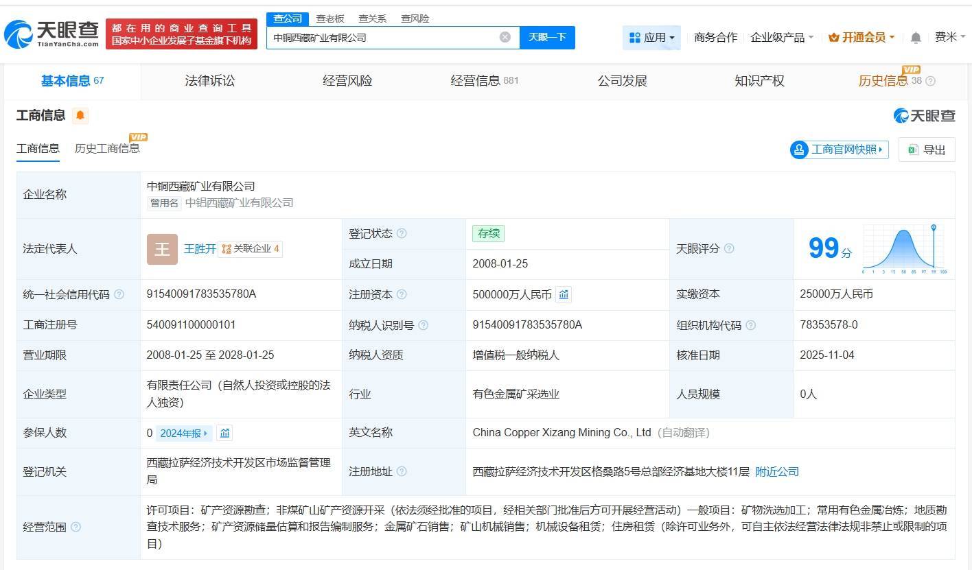 中国铜业旗下西藏矿业公司增资至50亿元