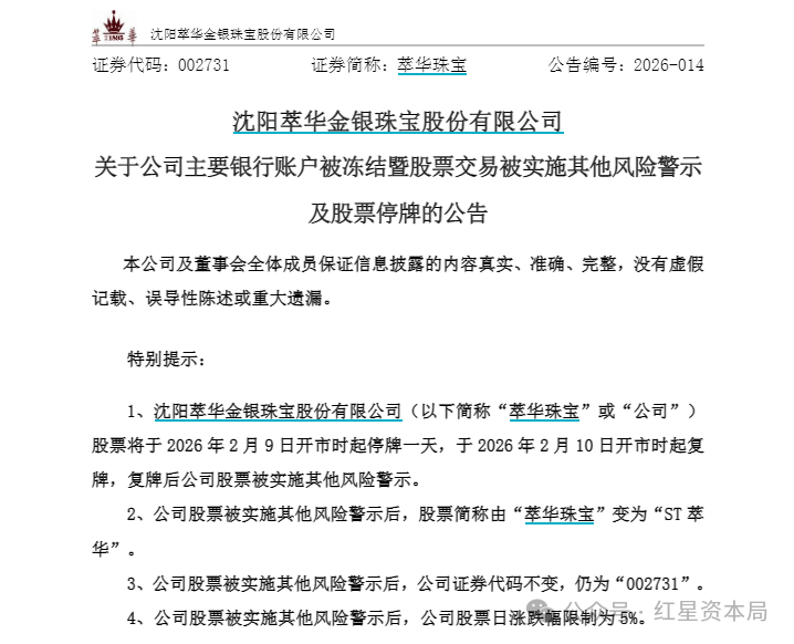 “关东珠宝第一店”萃华珠宝2.54亿借款逾期，主要银行账户被冻结，股票将被“ST”