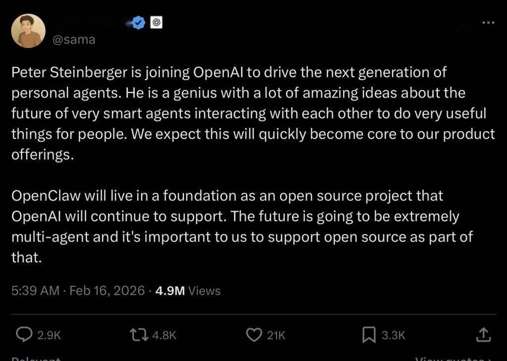 OpenClaw创始人Peter Steinberger加入OpenAI