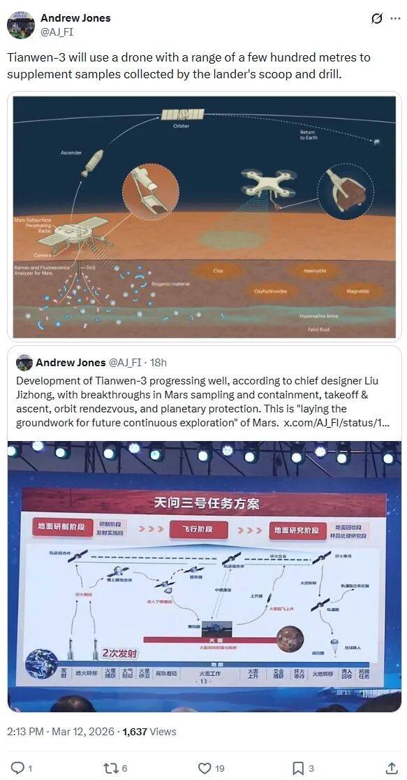 中国天问三号火星样本返回任务进入航天器建造阶段_包括_Andrew_发射