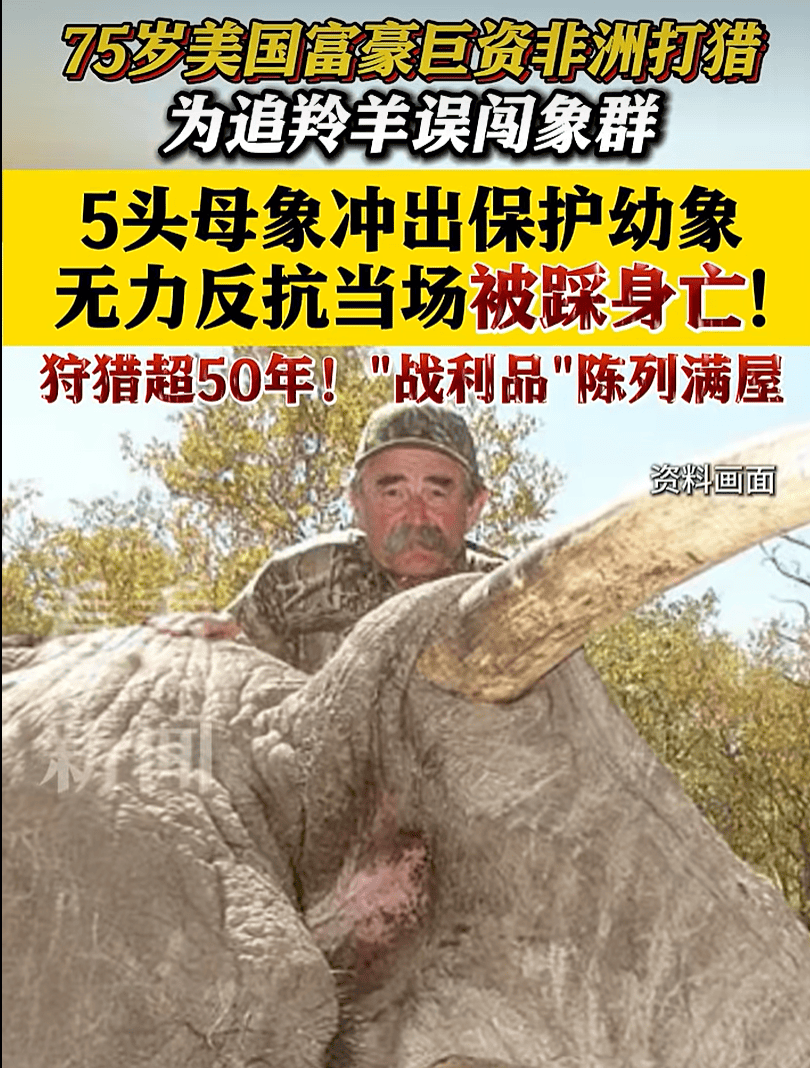 美国知名富豪斥巨资在非洲打猎，被5头大象当场踩死，家中摆满包括大象、犀牛等在内上百件狩猎“战利品”