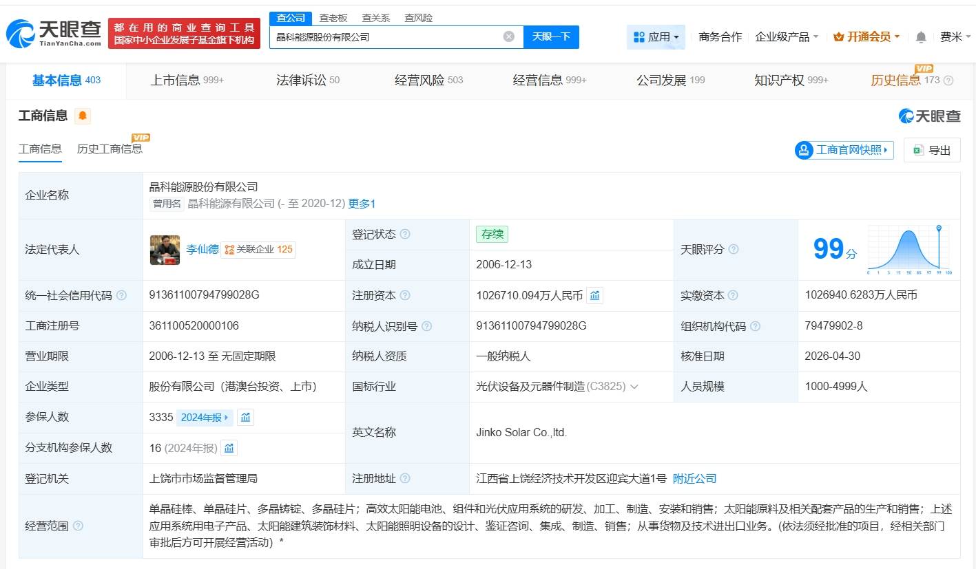 晶科能源增资至约102.7亿