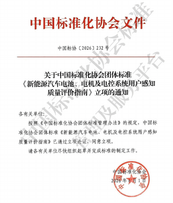新标立项丨车质网牵头起草的《新能源汽车电池、电机及电控系统用户感知质量评价指南》团体标准获批立项(图1)